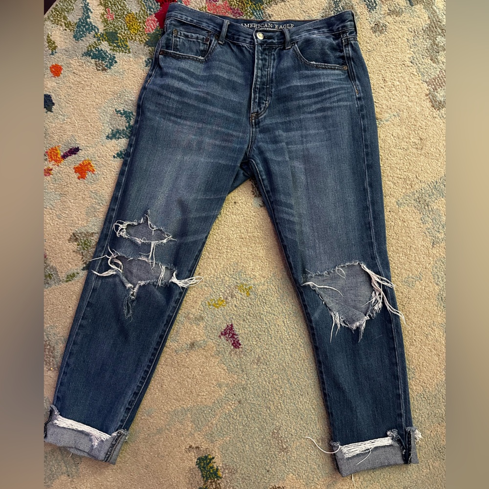 American Eagle Outfitters Blue Ankle Cropped Jeans with Distressed Details